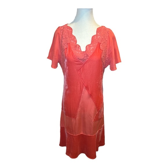 Sundance Rosalind Silk Dress Lace Velvet Sz 6 Coral Orange Geometric Bohemian - Picture 7 of 8